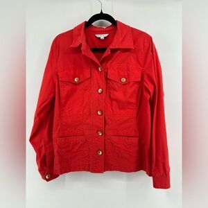 CAbi Taylor Lobster Ruffle Back Button Down Jacket Coquette Military Utility L